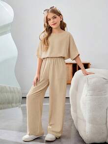 SHEIN Nova Glow 少女度假休闲纯色圆领短袖两件套 - 卡其色 - 查看 3
