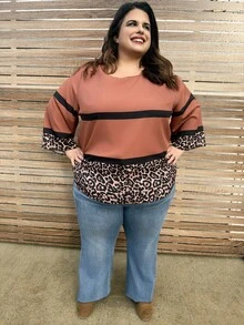 Enliva 休闲简约豹纹条纹全身印花大码圆领 3/4 袖衬衫 - 彩色 - 查看 3