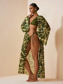 Zivah 2026 Women's Vacation Casual Beach Sheer Chiffon Print Long Kimono Style Cover Up - Army Green - View 5