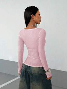 StreetHx 街头风女式蕾丝拼接透视长袖T恤 - 粉色 - 查看 2