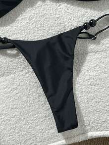 Swim Mod Black Fabric Bikini Set For Women With Plain Thongs And Tie Back Details - Black - View 5