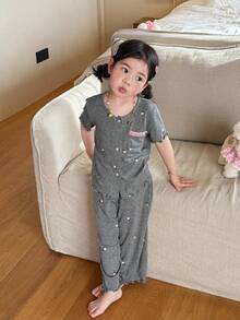 DAZY 女童碎花短袖上衣和裤子睡衣套装 夏季 - 灰色 - 查看 5