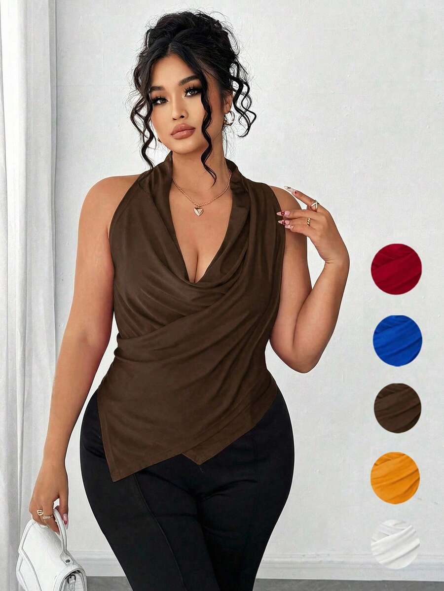 Elenzga Atasan Tank Top Wanita Ukuran Besar Warna Polos dengan Leher Silang dan Bahan Mengkilap yang Sangat Elastis - Coklat - View 1