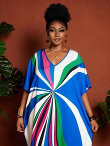 Maweii Gaun Pesta Kasual Wanita Ukuran Besar dengan Leher V dan Blok Warna - Royal Blue - View 5
