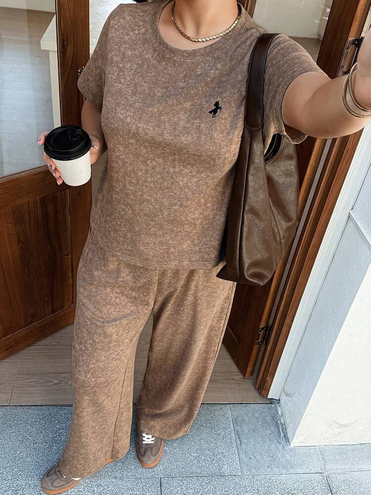 Dazy Plus 2pcs Plus Size Women Contrast Color Block Short Sleeve Top And Loose Pants Pajama Set Summer Lounge Sets For Women