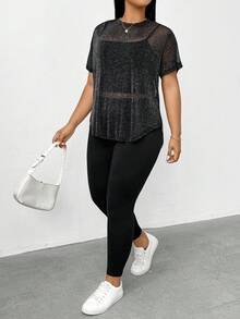 SHEIN Essnce 大码女装春夏时尚休闲高弹舒适日常显瘦亮面透视短袖上衣搭配黑色紧身牛仔裤两件套，夏季穿搭，街头服饰 - 黑色 - 查看 6