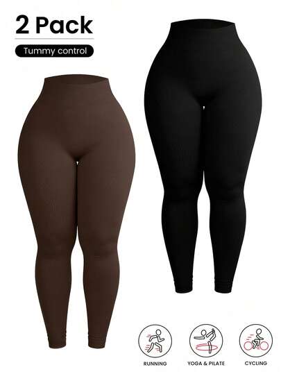 SHEIN Velisys 256 שחור, קפה טייץ ספורט חלק למידות גדולות