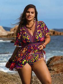 Swim Lushoire Bộ đồ bơi 2 mảnh cỡ lớn dành cho nữ, họa tiết retro, quần bơi cạp cao kiểu tam giác kín đáo với áo tankini viền bèo nhún, thích hợp mặc hàng ngày khi đi nghỉ mát. - Màu tím - Xem 5