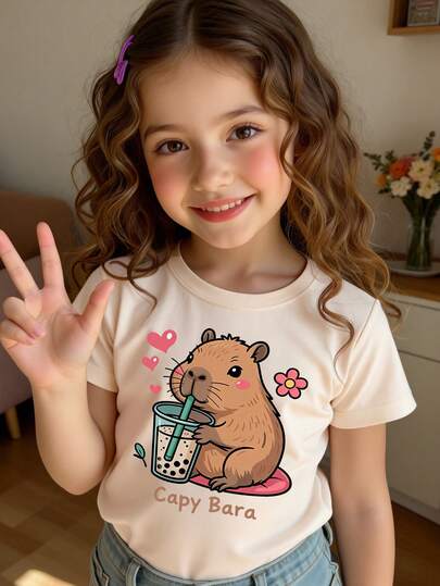 Spring And Summer Girls Casual Fashionable Creative Personality Refreshing Minimalist Cute Kawaii Cartoon Pibara Pattern Print Casual Basic Short T-Shirt, Comfortable Daily Wear, Suitable For Spring, Summer And Autumn