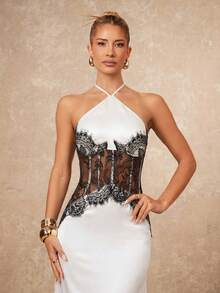 Lumalex 女士优雅性感撞色蕾丝拼接露背连衣裙 - 象牙白色 - 查看 5