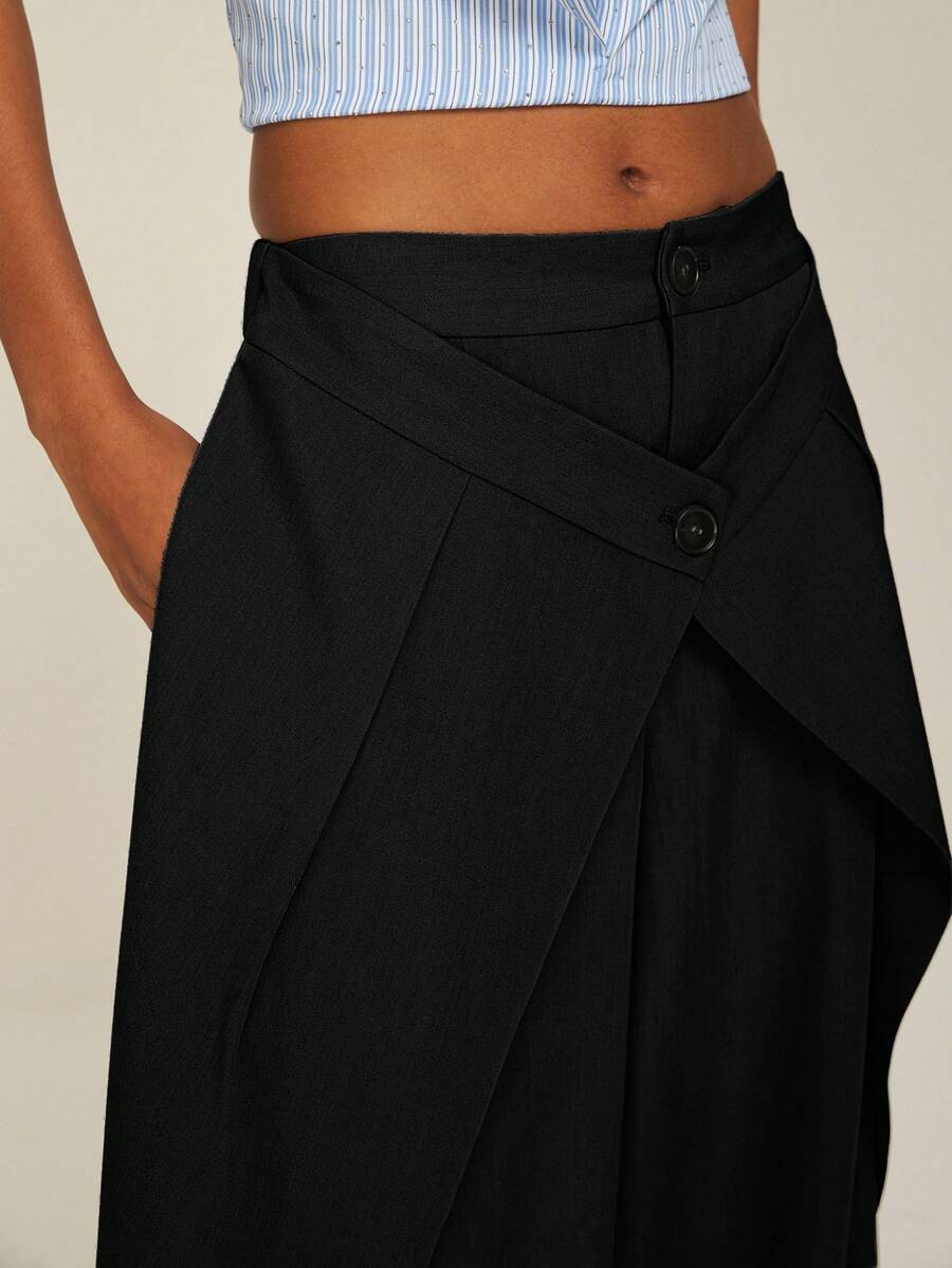 ATUI Studio Women's Fashionable Wide Leg Suit Pants With Double Waistband - Black - View 1