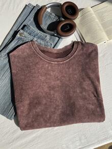 Comfortcana Plus Size Brown Washed Snow Flake Short Sleeve T-Shirt, Summer Holiday Smart Casual - Coffee Brown - View 7