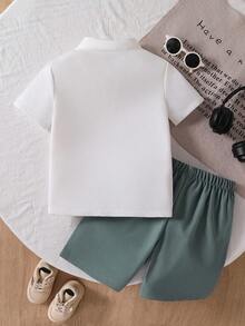 SHEIN Explorewe Young Boy Knight Print Button-Up Short Sleeve T-Shirt And Shorts Casual Set - Green - View 2