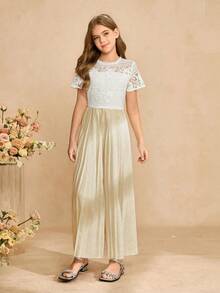 女童优雅蕾丝连体裤，镂空蕾丝边针织拉链裤，阔腿裤，适合春夏休闲和正式场合穿着 - 杏色 - 查看 6