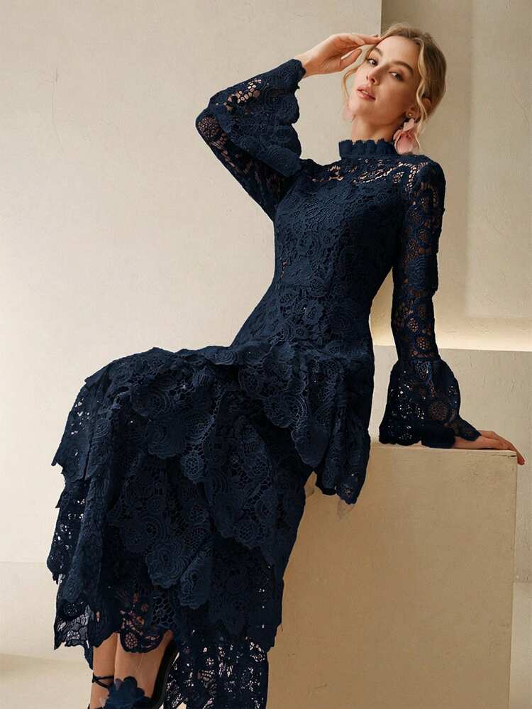 Women's Elegant Ruched Hem Waist Cinched Layered Lace Long Sleeve Dress, Suitable For Spring, New Year, Party, Wedding, Chic, Stylish, Formal, Work, Thanksgiving, Graduation, Christmas, Festival, Elegant, Valentine's Day