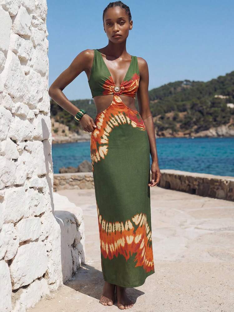 SHEIN Maija Women's Summer Boho Green Beach Vacation Holiday Printed Vest Coverup Orange Ibiza Caribbean Dress Resort Wear Swimwear Beachwear Outfits