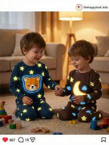 THE HAPPY LOOK 4pcs Young Boy Cartoon Animal Print Soft Knit Snug Fit Pajama Set, Round Neck Long Sleeve Top And Elastic Waist Long Pants - Multicolor - View 3