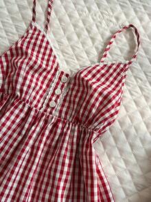 Glimmora Women's Red Plaid Button Design Casual Camisole - Red and White - View 4