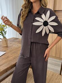Elouméa Women's Spring/Summer Casual Open Front Long Sleeve Floral Print Jumpsuit, Suitable For Daily Wear And Vacation - Coffee Brown - View 5
