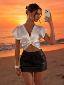 Bluhae 时尚新款夏季性感度假优雅V领扭结短袖露脐女式衬衫 - 白色 - 查看 7