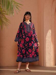 少女优雅传统连衣裙，玫瑰复古印花长袖连衣裙 - 藍色 - 查看 1