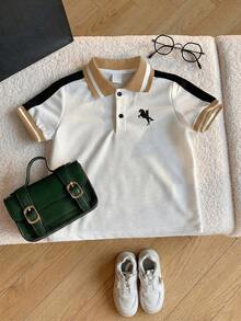 SHEIN 男婴夏季休闲可爱学院风拼色短袖 Polo 衫，适合生日派对、晚会、表演、婚礼、迎婴派对、一个月和一周岁庆祝活动 - 彩色 - 查看 3