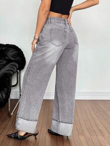 SHEIN PETITE Summer PETITE Women's High Waist Pockets Wide Leg High Waisted Grey Wide Leg Denim Pants For Women Cuffed Hem Button Detail Baggy Jeans Loose Casual Versatile Grey Washed Jeans - Black - View 2