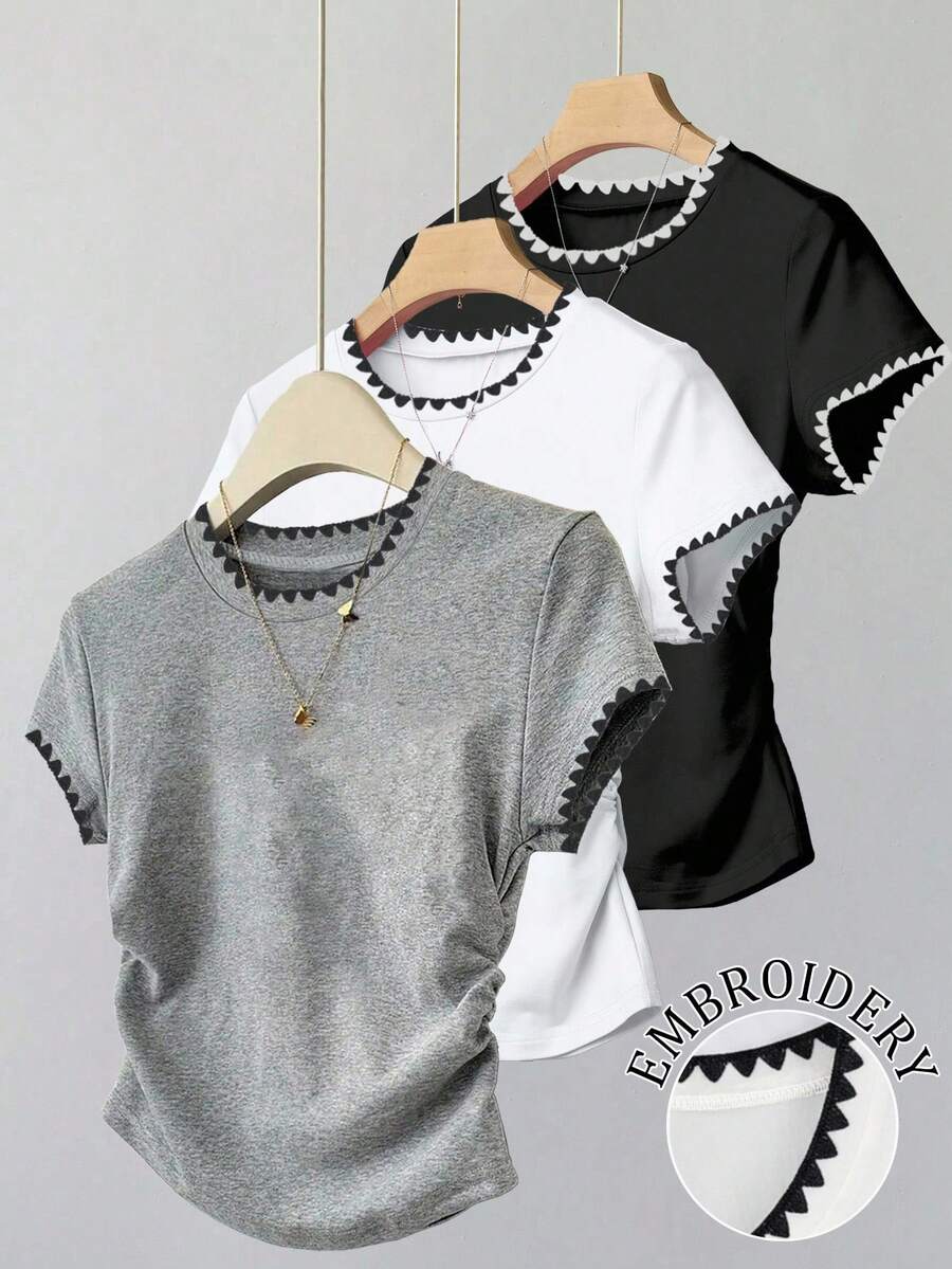 Resyla Set de 3 blusas de mujer de estilo casual para el verano, en negro/blanco/gris, con bordado de pata de gallo, ajuste ceñido, estilo deportivo, de vuelta al colegio, para el Día del Maestro, camisetas de mujer - Multicolor - Ver 1