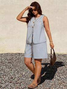 Elaquor 大码女式条纹单排扣背心和短裤休闲宽松两件套 - 黑與白 - 查看 3