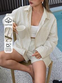 DAZY 女士休闲条纹口袋衬衫短裤两件套，春夏款 - 藍色 - 查看 1