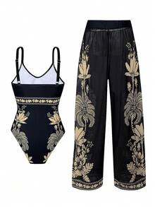 Swim Oasis 大码女装两件套：黑色印花时尚休闲圆领可调节粗肩带修身长裙和网纱半身泳衣，2026新款高端套装 - 黑色 - 查看 2