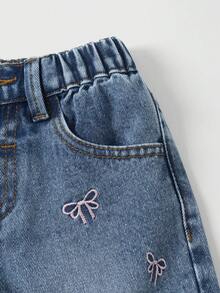 SHEIN 女童百搭时尚做旧直筒蓝色牛仔裤 - 淺色水洗藍 - 查看 6