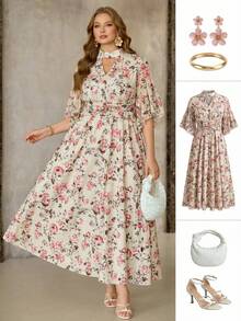 Roveilla Plus Size Pink Floral V-Neck Ruffle Sleeve Cinched Waist Maxi Dress,Elegant Summer French Style Wildflower Cottagecore Modest Easter Tea Party Outfit - Apricot - View 9
