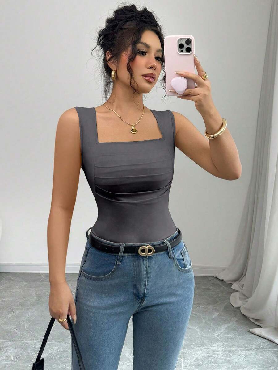 Rafferiza Áo tank top nữ cổ vuông xếp ly màu trơn kiểu dáng thường ngày - Màu xám đen - Xem 1