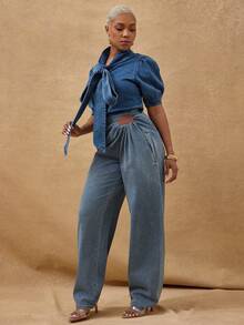 Vixey Denim Volume Balloon Sleeve Tie Neck Blouse, Street Style, Off Duty, Casual Chic - Dark Wash - View 3