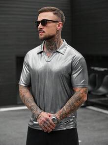 SLATEMANN 男士銀色短袖 Polo 衫，夏季 Techno 派對電音節，老錢風灰色金屬感上衣，適合日常休閒、度假、婚禮與戶外活動 - 銀色 - 查看 6