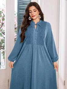 Lacomfia Plus Size Women Hollow Embroidered Button Collar Tie Waist Long Sleeve Dress - Dusty Blue - View 3