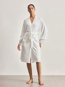 Ocili 女士撞色蕾丝落肩长袖优雅睡袍 - 白色 - 查看 4