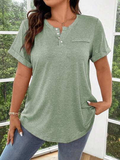 Breezaya Plus Size Solid Color Half Button Front Cuffed Sleeve T-Shirt Henley Shirtpink Tshirtpink T Shirtpink Top Women