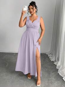 Elenzga 大码V领撞色蕾丝吊带荷叶边修身开衩连衣裙 - 淡紫色 - 查看 7