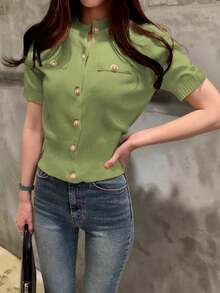 INAWLY Women's Fitted Solid Color Short Sleeve Single-Breasted Knit Cardigan - Green - View 3