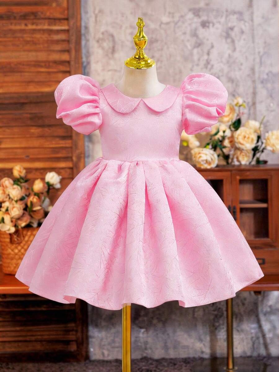 SHEIN Glamorique Kids 女童碎花腰部蓬蓬薄纱连衣裙，优雅派对礼服，泡泡袖设计，适合所有季节 - 粉色 - 查看 1