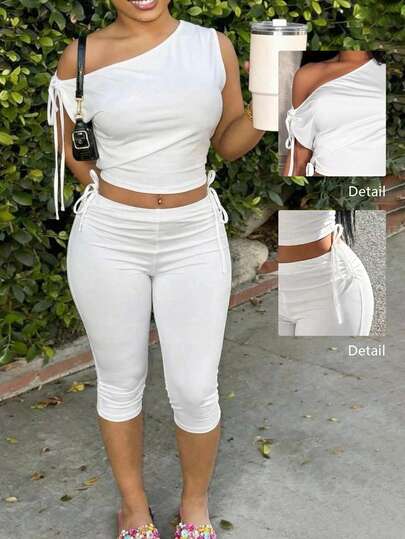Slaydiva Sloping Shoulder Blouse + Seven-Inch Pants White Pants+White Top  Women's Sportswear Casual Outfit For Women Workout Sets For Women Going Out Top New Early Spring, Spring And Summer Music Festival, Valentine's Day, Easter Casual, Simple And Basic Style Y2K Street Sweet Bestseller, Daily Date, Hot Girl Style, Sexy Sporty, Stylish Style, Off-The-Shoulder, Off-The-Shoulder Sleeves, Drawstring Design, Crop Top, T-Shirt + Drawstring On Both Sides Of The Waist, Seven-Inch Pants, Cycling Pants, White Sporty Set, Women's Two Pieces Set -A