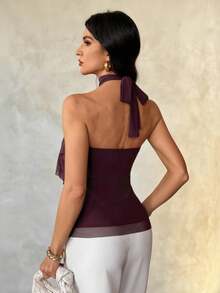 SHEIN Tall Áo tank top nữ thanh lịch nhiều lớp, cổ đứng, ôm dáng, màu tím, viền bèo nhún. - Màu tím - Xem 3