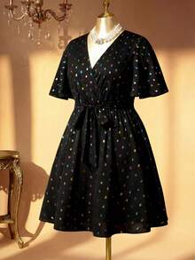 Rometta Vestido de cóctel elegante con cintura ceñida y lentejuelas láser para mujer de talla grande - Negro - Ver 9