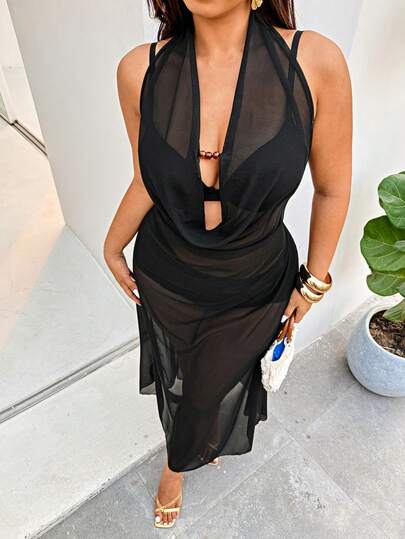 Auralis Plus Size Fashionable Sexy Sheer Mesh Backless Halter Dress Summer Outfit For Women Beach Outfits For Women Black