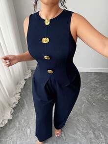 Elenzga 大码女式奢华优雅时尚设计高端通勤修身黑色无袖背心和直筒裤两件套 - 藏蓝色 - 查看 5