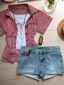 INAWLY 女士短袖单排扣休闲格子口袋衬衫 - 紅色 - 查看 3