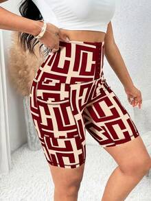 SHEIN Lady 女款對比色印花高腰緊身褲，適合海灘穿著、工作、度假、教師及辦公室穿著 - 酒紅色 - 查看 5