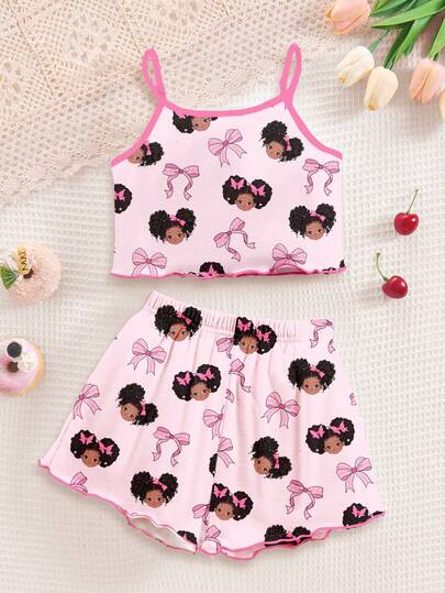 SHEIN Conjunto de pijama de camiseta de tirantes y pantalones cortos con estampado de dibujos animados minimalista y ajustado para niña, adecuado para el verano